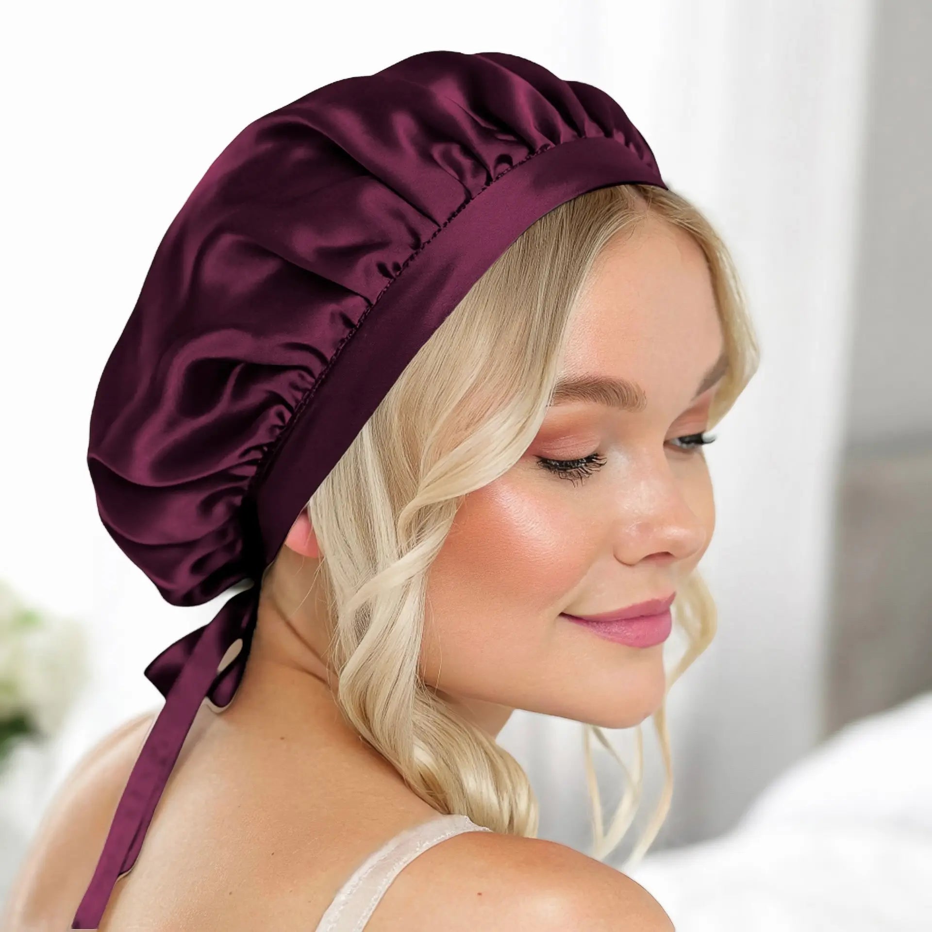Hair Bonnet Silk (Bordeaux) Gentle Nighttime Care with a Tie Closure | psboutique.ch