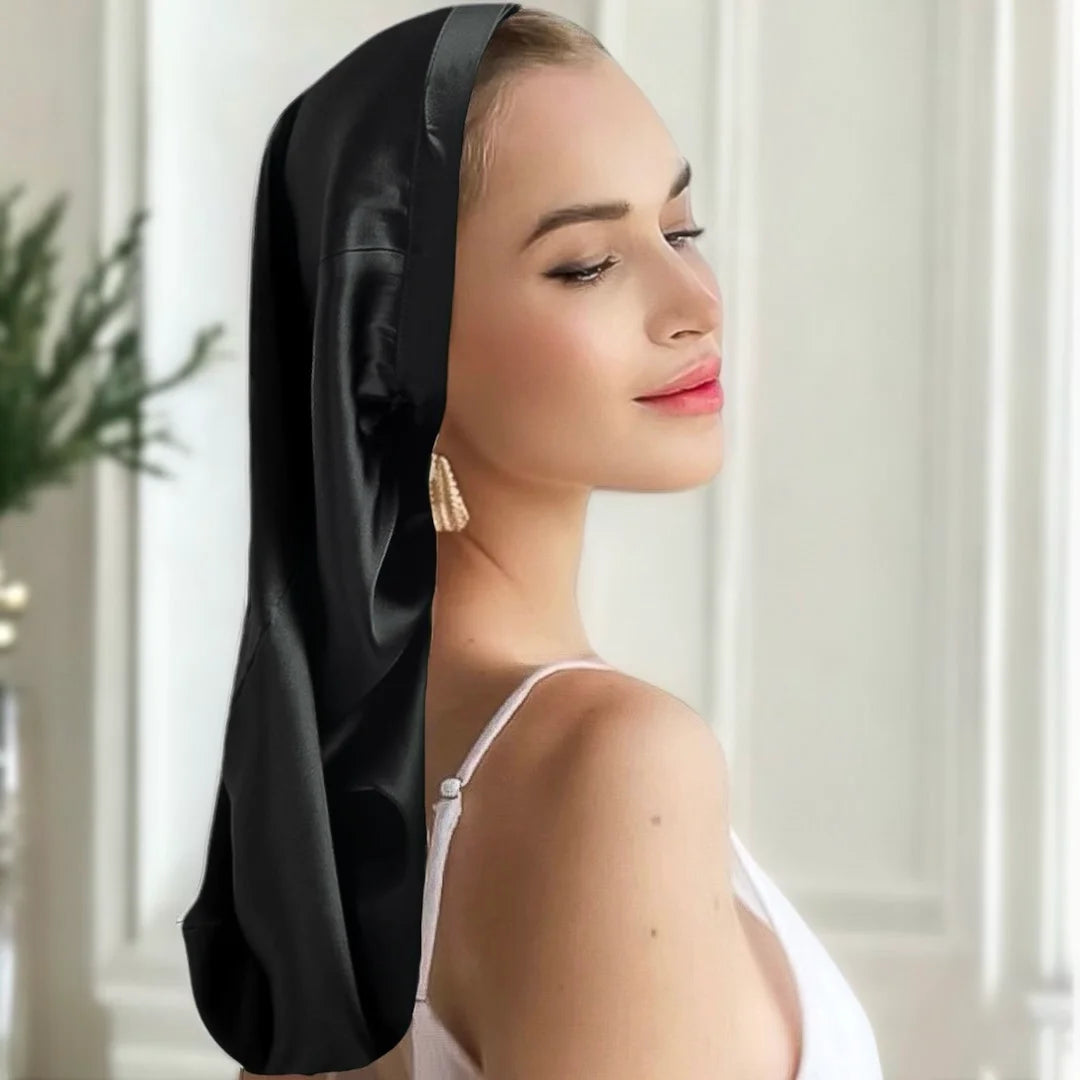 Silk Bonnet for long hair (Black) Pure Silk Boutique Switzerland