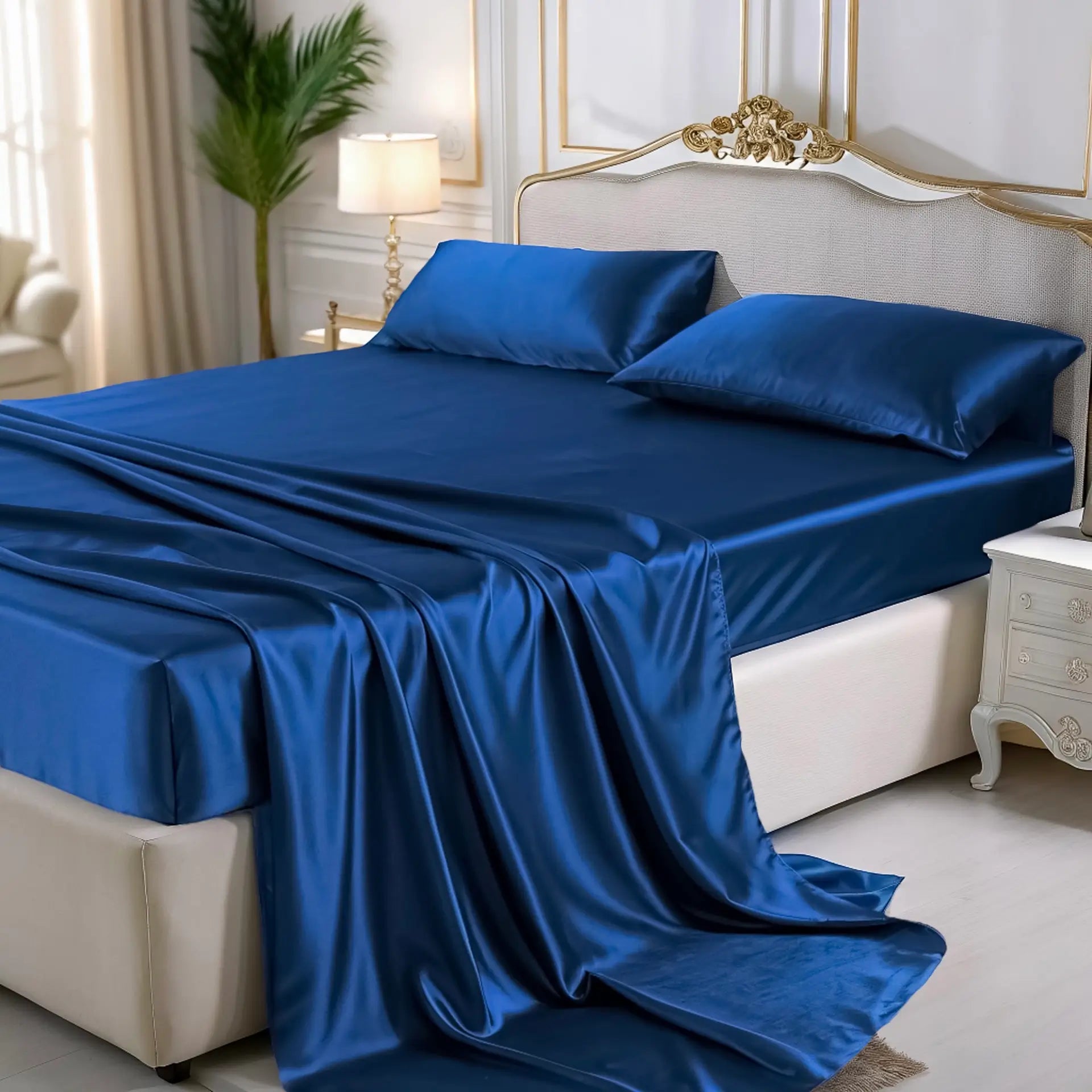 Fitted Bed Sheet 100% Silk (Blue Navy) Soft, Secure & Naturally Cooling % Sale | psboutique.ch