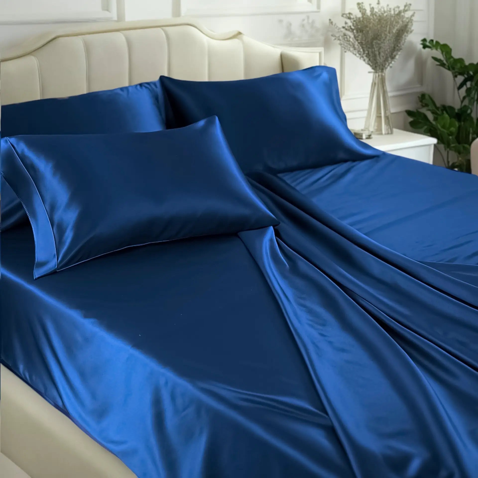 Fitted Bed Sheet 100% Silk (Blue Navy) Soft, Secure & Naturally Cooling % Sale | psboutique.ch