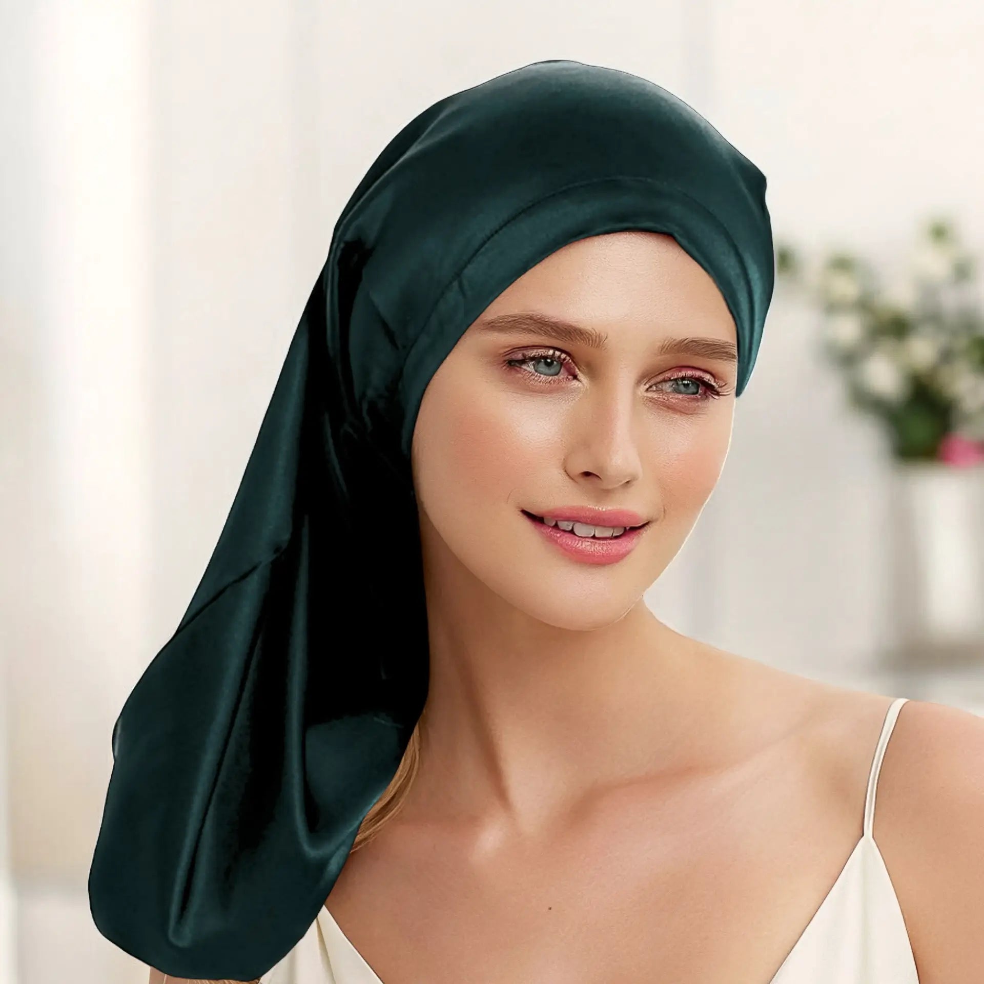 Mulberry Silk Bonnet (Dark Green) % Sale % Extra Length & Gentle Silk Protection | psboutique.ch