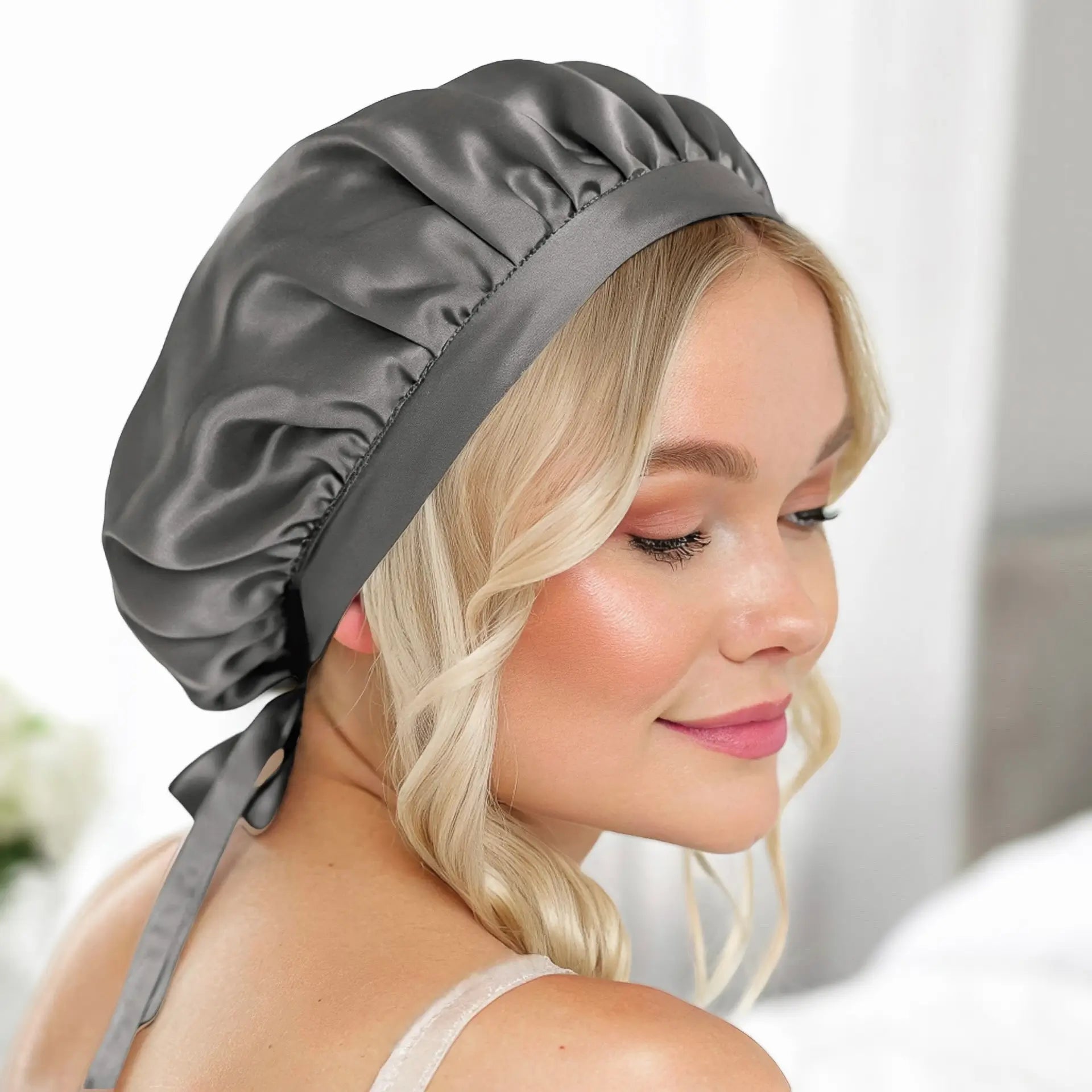 Silk Bonnet for Sleeping (Dark Grey) Gentle Protection with Classic Ties | psboutique.ch