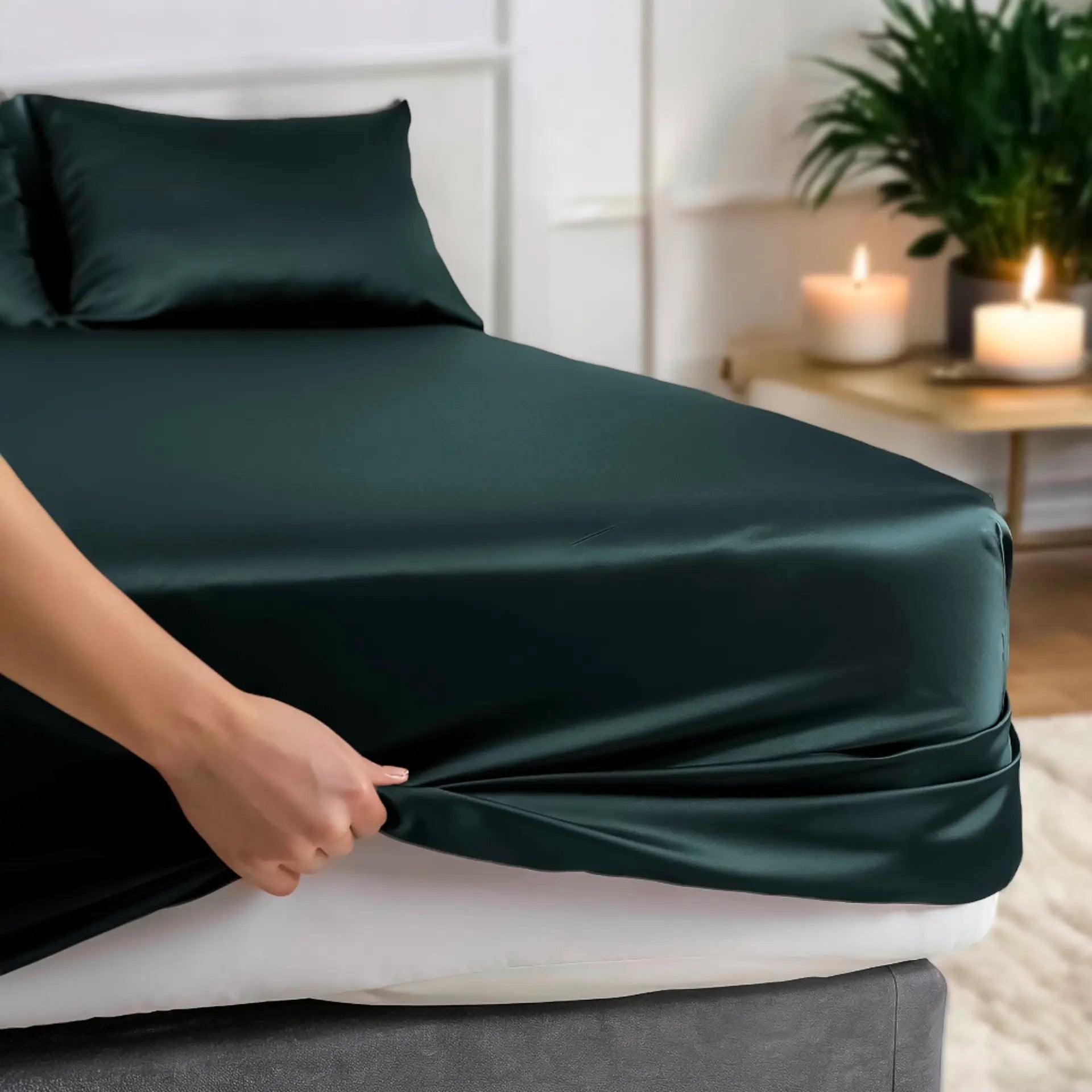 Silk Fitted Bedsheet (Dark Green) % Sale %  Soft, Secure & Luxuriously Smooth | psboutique.ch