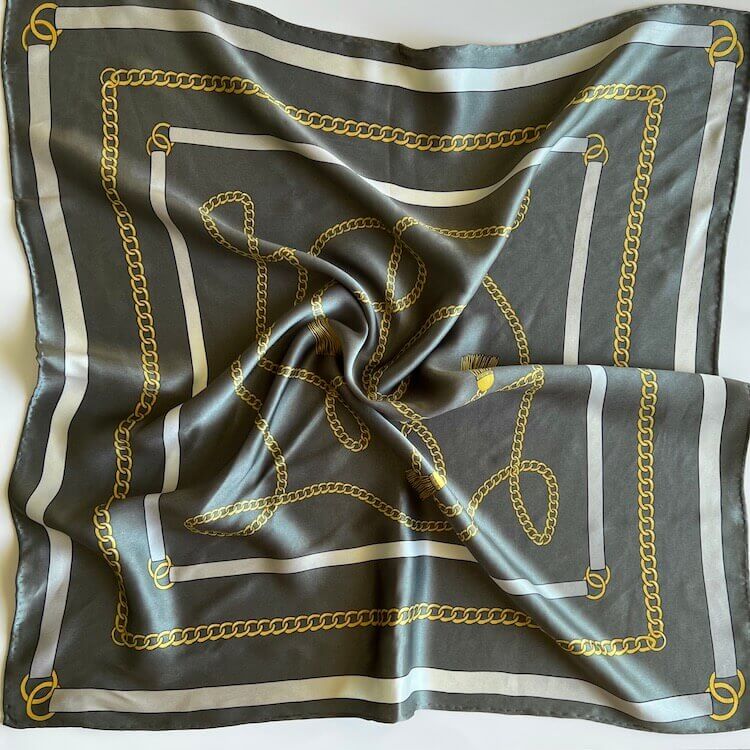 Small Silk Scarf in Warm Grey with Chains Pattern – Subtle & Elegant
