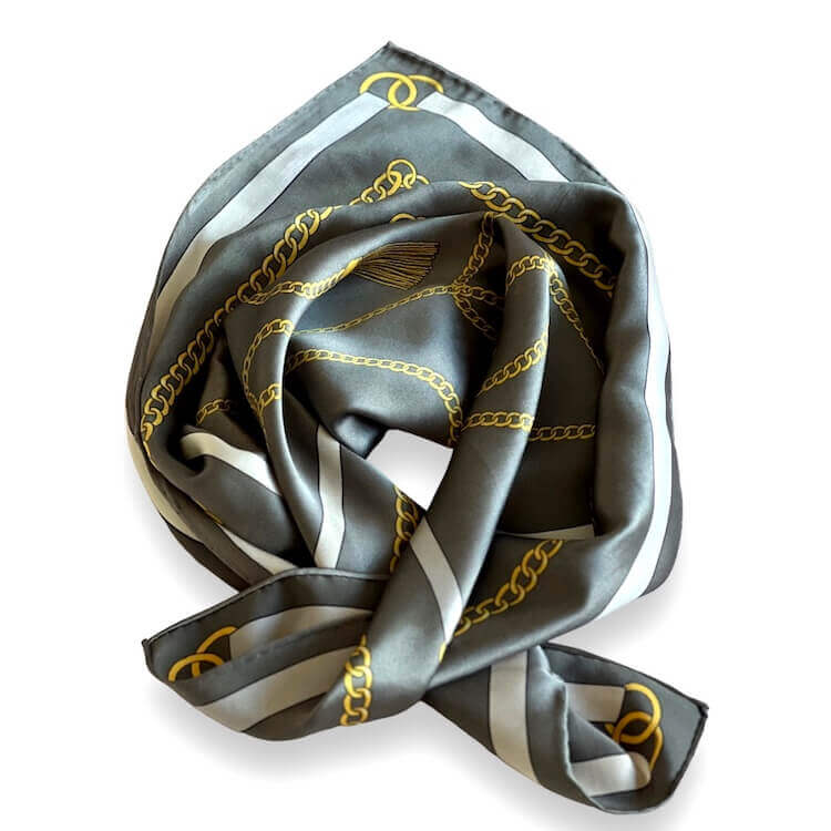 Small Silk Scarf in Warm Grey with Chains Pattern – Subtle & Elegant