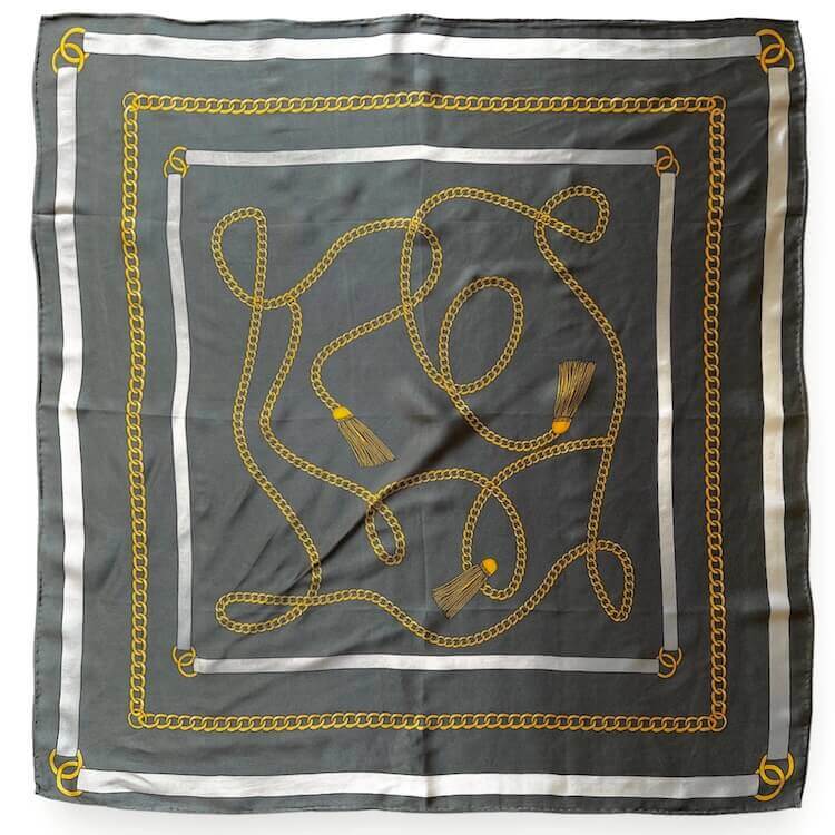 Small Silk Scarf in Warm Grey with Chains Pattern – Subtle & Elegant