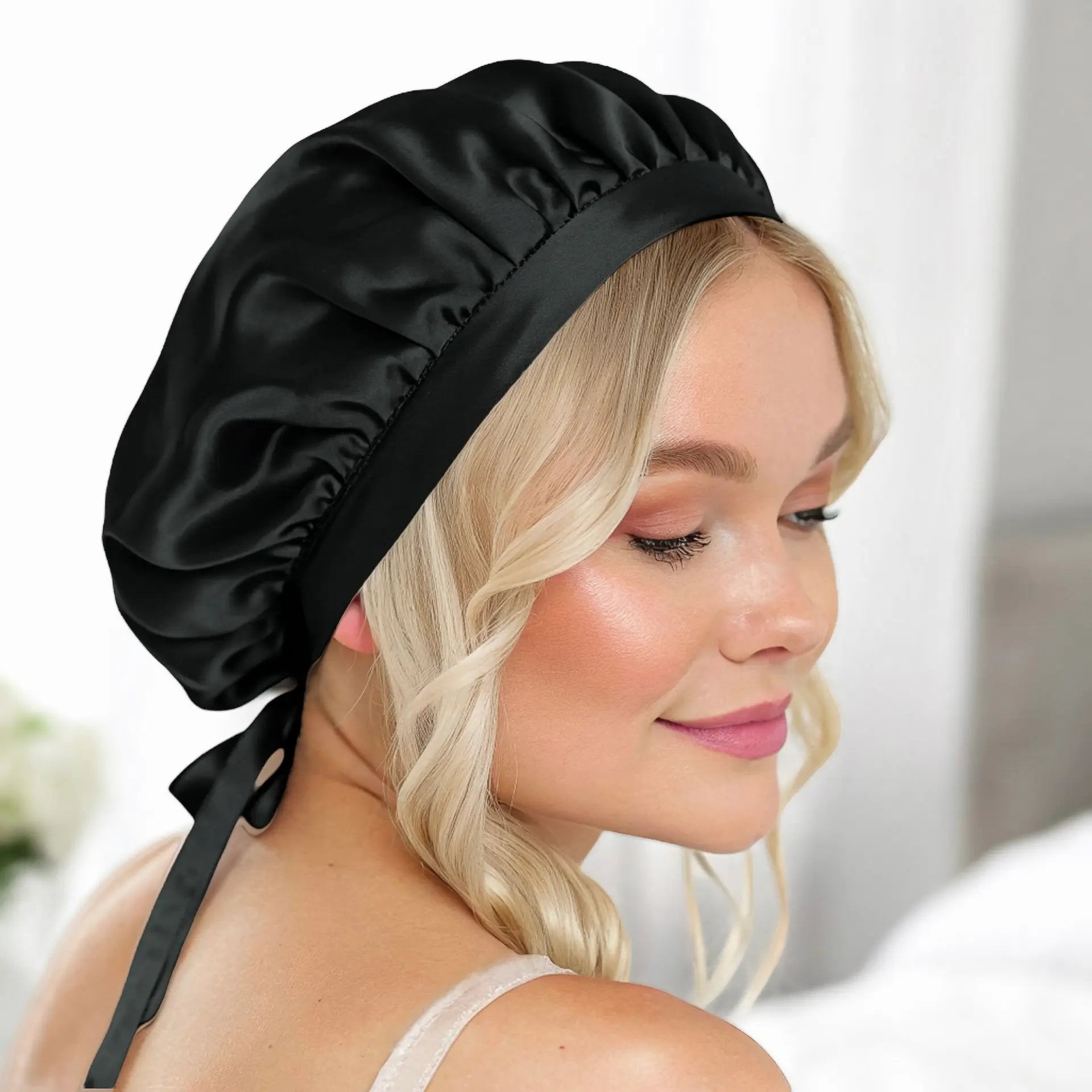Sleep Bonnet for Hair (Black) Silk Protection with a Classic Tie Fit | psboutique.ch